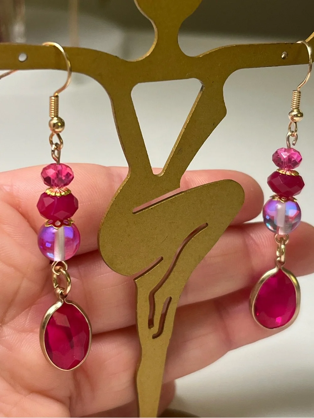 Handmade Drop Earrings with Magenta Crystal Beads & Faceted Crystal Charms